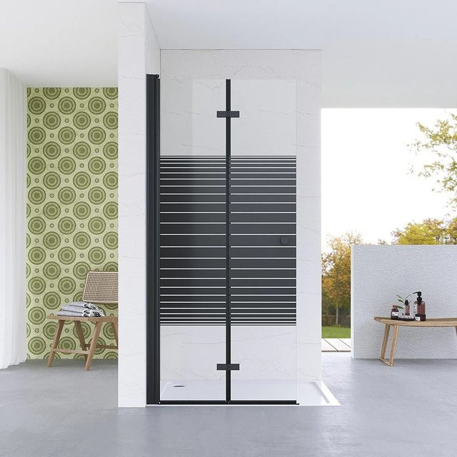 Aquabatos Walk-In Duschwand Falttür mit Streifendekor Design, Rahmenlos, Schwarz, Transparent, Höhe: 187 cm, Breite: 115 cm - Bild 1