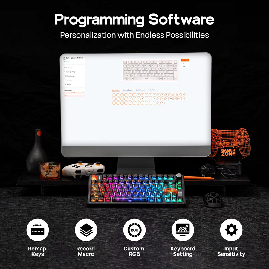 EPOMAKER TH80 V2 PRO Mechanische Gaming-Tastatur 75% ANSI US Layout mit Bildschirm und Drehknopf, Schwarz, Kabellos via Bluetooth oder 2,4GHz sowie Kabelgebunden, 10000mAh Akku - Bild 2