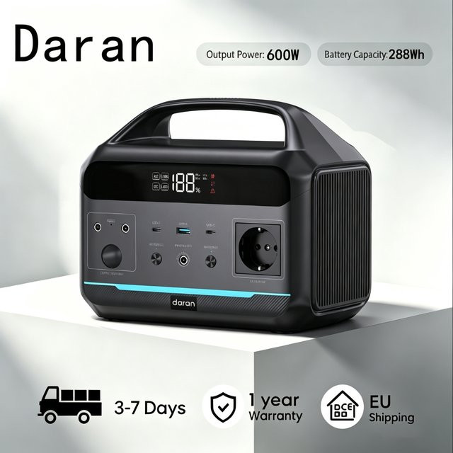 Daran NEOS Tragbare Powerstation mit 288Wh LiFePO4 Akku, 600W Dauerleistung und 1200W Spitzenleistung, Solargenerator in Schwarz mit PD Schnellladung und USB-C Anschluss - Bild 1