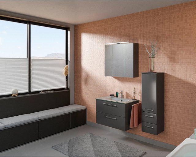 Pelipal Badmöbel-Set Trentino in Anthrazit Glanz mit Waschtisch, Unterschrank, Spiegelschrank und Midischrank, Breite: 107 cm - Bild 1