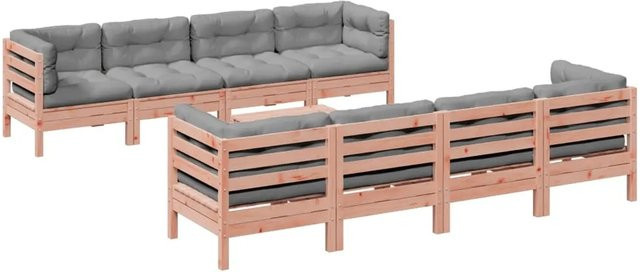 vidaXL 9-tlg. Garten-Sofagarnitur aus Massivholz Douglasie mit Kissen in L-Form, Braun und Grau - Bild 1