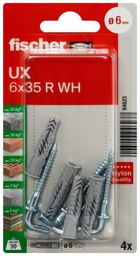 Fischer Universaldübel UX aus Nylon mit Winkelhaken, Farbe: Silber/Grau, Durchmesser: 6 mm, Länge: 35 mm - Bild 1