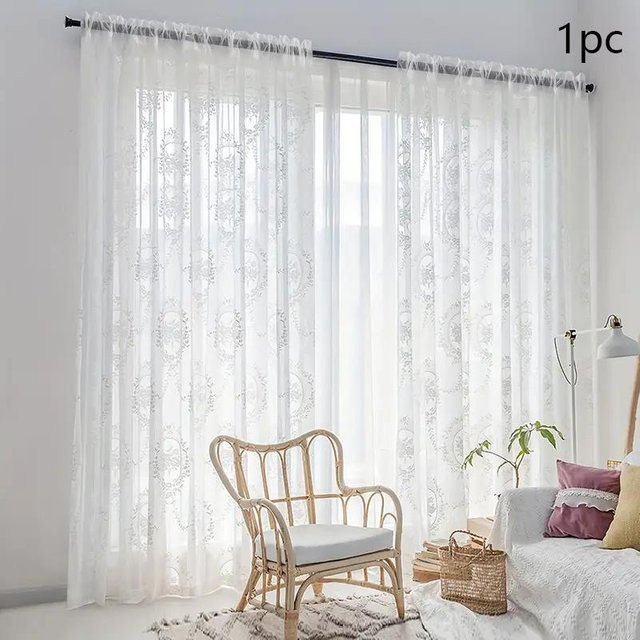 Transparenter Spitzenvorhang mit floraler Bestickung in Weiß, B: 140 cm, H: 114 cm - Bild 1