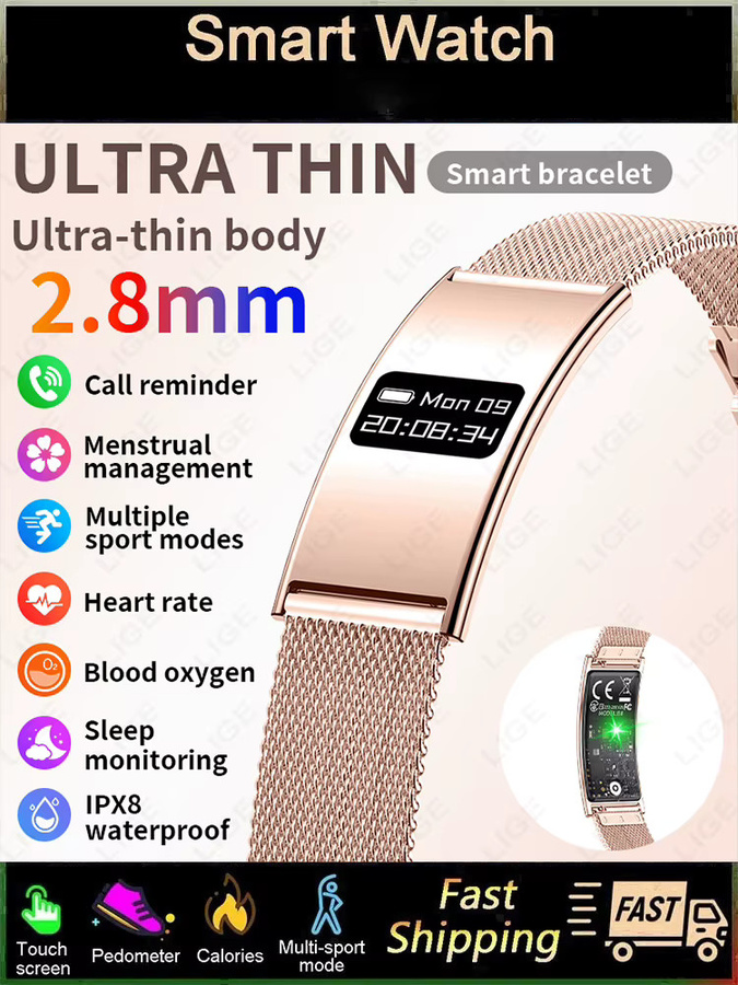 LIGE Smartwatch, Edelstahl, Milanaise, Schwarz, Unisex - Bild 6