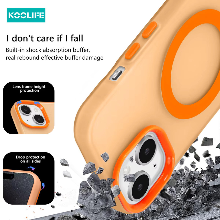 KOOLIFE MagSafe Color Block Frosted Clear Case mit Metallknöpfen für iPhone 11 bis iPhone 16 Pro Max Plus in Transparent, Pink und Orange - Bild 4