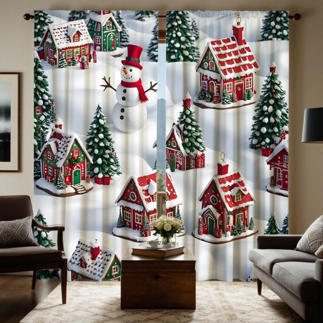 2er-Set Weihnachtsvorhang mit HD-Weihnachtsdorf-Motiv, Schneemann und weißem Band, grau und weiß, B: 132 cm, H: 160 cm - Bild 1