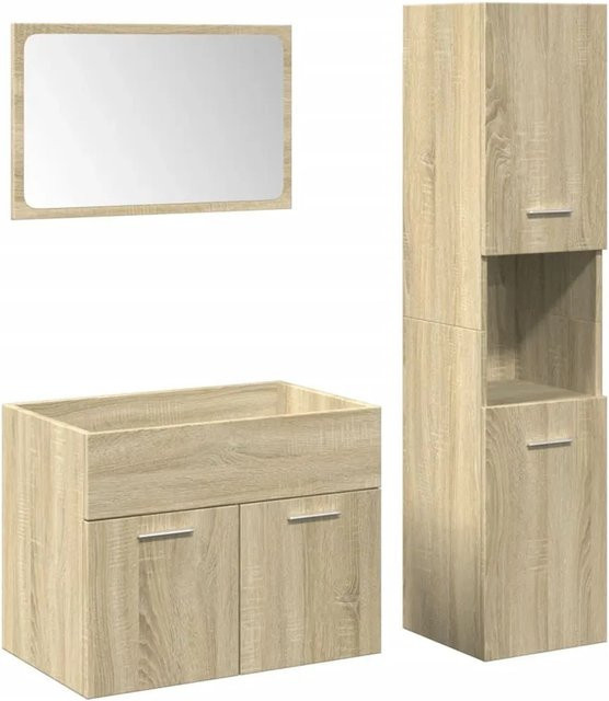 vidaXL 3-teiliges Badmöbel-Set aus Holzwerkstoff in Sonoma Eiche, bestehend aus Waschbeckenunterschrank, Badezimmerschrank und Spiegel - Bild 1