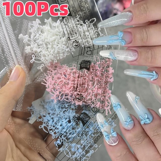 HotPress Nagelcharms Schleifen, 100 Stück, Weiß/Rosa/Blau, Glänzend - Bild 1