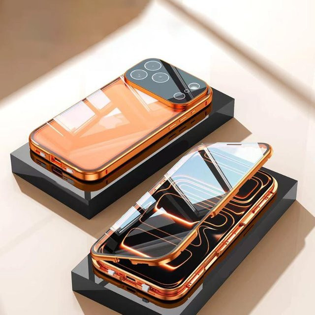 Magnetische 360 Grad Vollschutz Handyhülle aus Metall und Glas mit Schnappverschluss für Apple iPhone 17, 17 Pro, 17 Air und 17 Pro Max, transparent - Bild 1