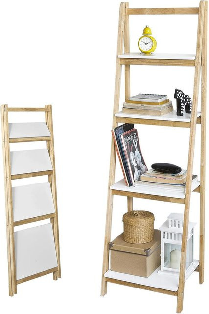 SoBuy Leiterregal FRG162-N aus Kautschukholz mit 4 Böden, klappbar, Weiß, B/T/H: 34 x 15 x 140 cm - Bild 1