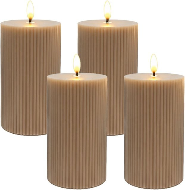 Relaxdays LED Kerzen 4er Set aus Echtwachs in Mocha Mousse mit Rillen-Design, flammenlos flackernd, B/D/H: 7,5 x 7,5 x 13 cm - Bild 1