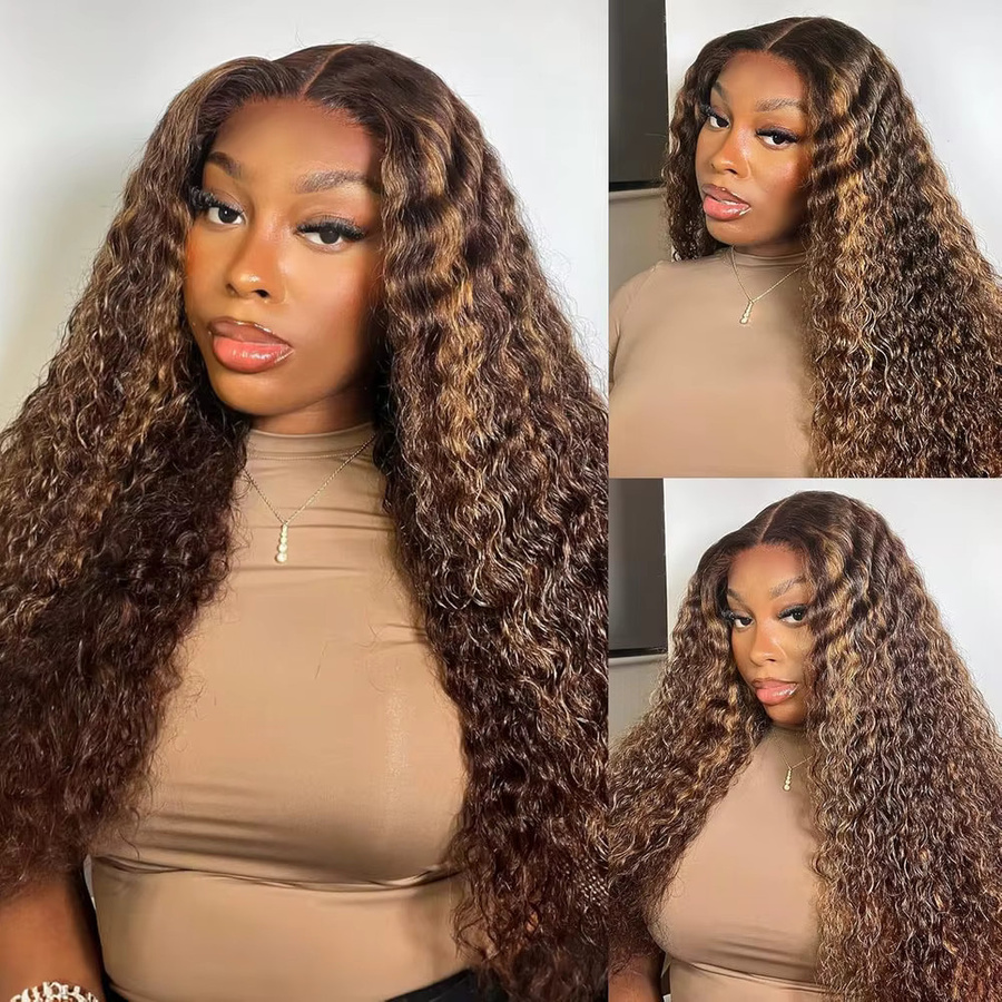 LETMIEO Wear & Go Glueless 5x5 HD Lace Closure Echthaarperücke, Deep Wave, P4/27 Honigblond Ombre Highlight - Bild 2