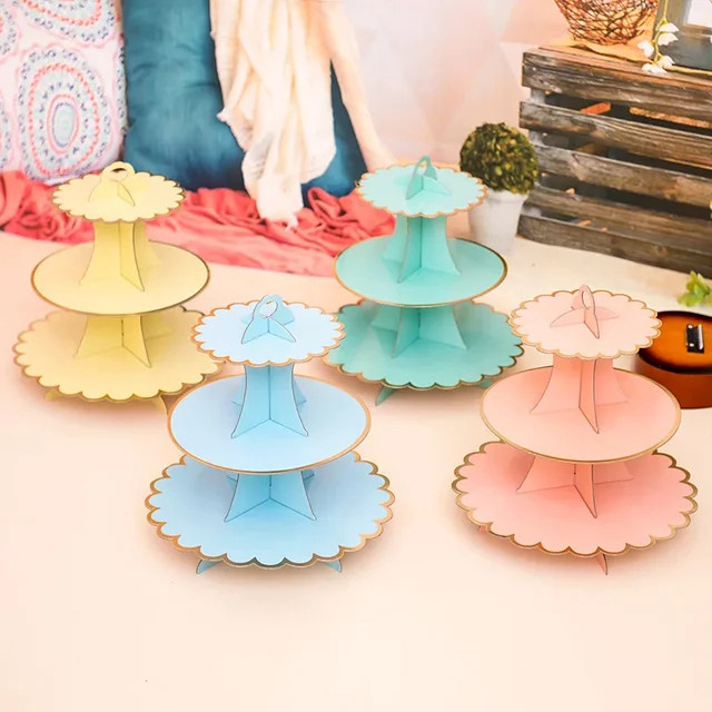 3-schichtiger runder Dessertständer aus Papier für Cupcakes und Kuchen, Mehrfarbig und Blau - Bild 1