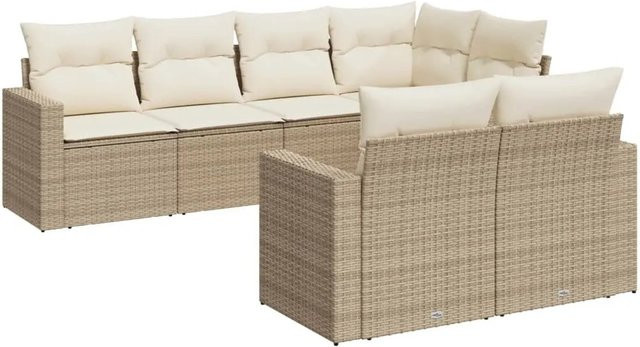 vidaXL 7-teilige Garten-Sofagarnitur in L-Form aus Poly-Rattan in Beige mit Sitz- und Rückenkissen - Bild 1
