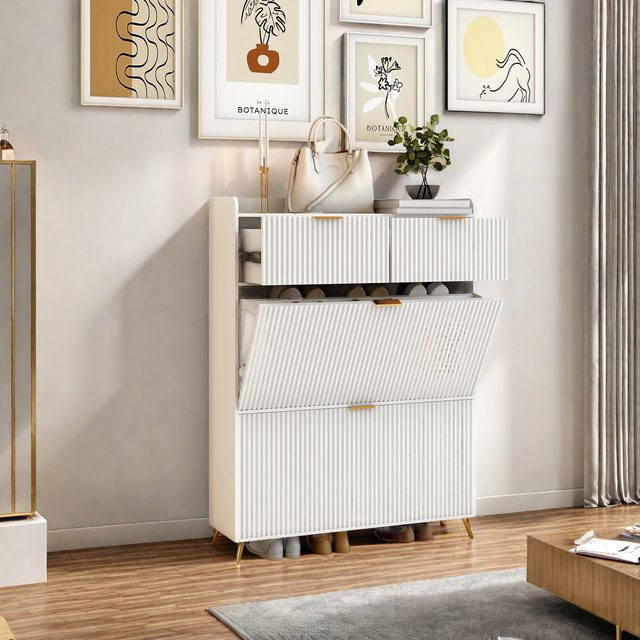 Rosahqnda Moderner Schuhschrank aus Holz in Weiß mit 2 Klappschubladen und seitlicher Aufbewahrung für den Eingangsbereich - Bild 1