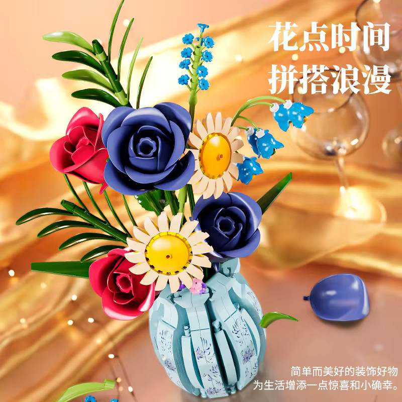 Forange Blaue Porzellan-Blumenstrauß-Bausteine, Rosen- und Sonnenblumen-Modellbausatz mit Vase - Bild 4