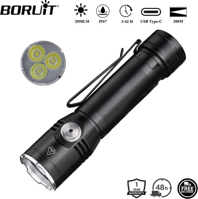 BORUiT ET20 Superhelle LED-Taschenlampe mit 2050 Lumen, wiederaufladbar via Typ C, wasserdichte 6-Modus Campinglaterne in Schwarz - Bild 1