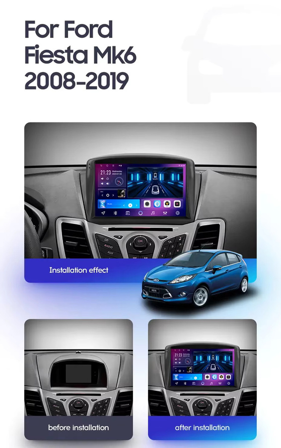 Junda Navi Android 16 Kabelloses Carplay Auto Autoradio für Ford Fiesta 2009 - 2018 mit GPS, Bluetooth und DSP Multimedia-Videoplayer Stereo in Schwarz - Bild 1
