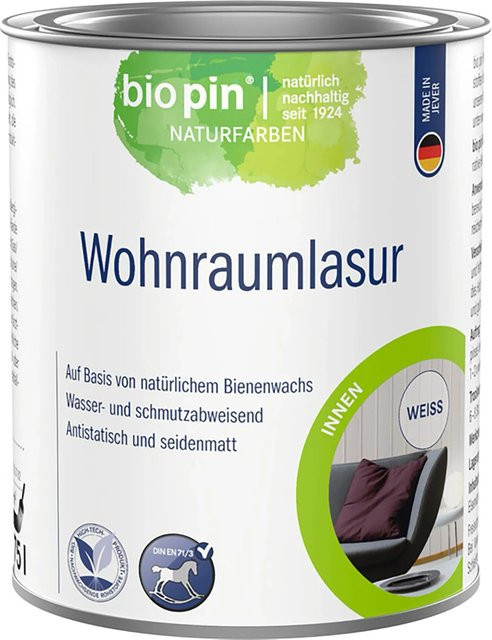 Biopin Wohnraumlasur Weiß Wasserbasiert Satinmatt 0,75 l - Bild 1