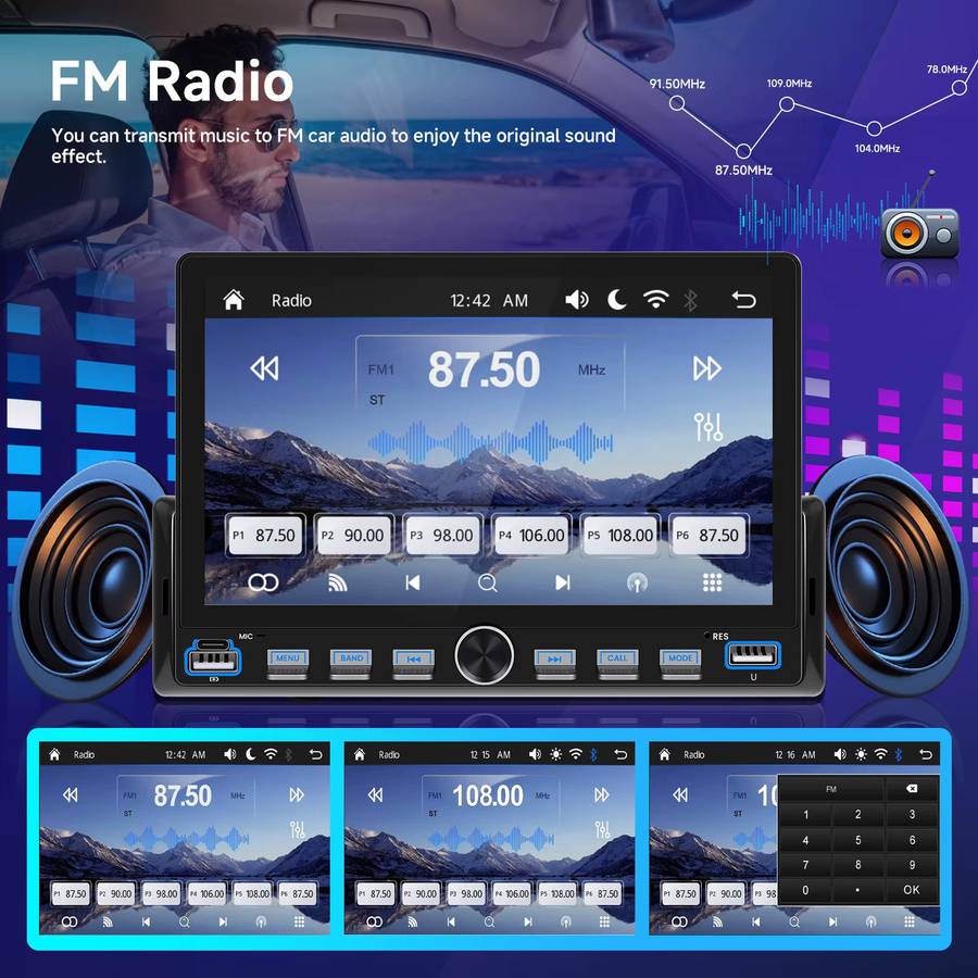 Podofo 1Din Kabelloses Carplay und Android Auto Autoradio mit Wi-Fi, Farbiger Hintergrundbeleuchtung und EQ Soundeffekten in Schwarz - Bild 2