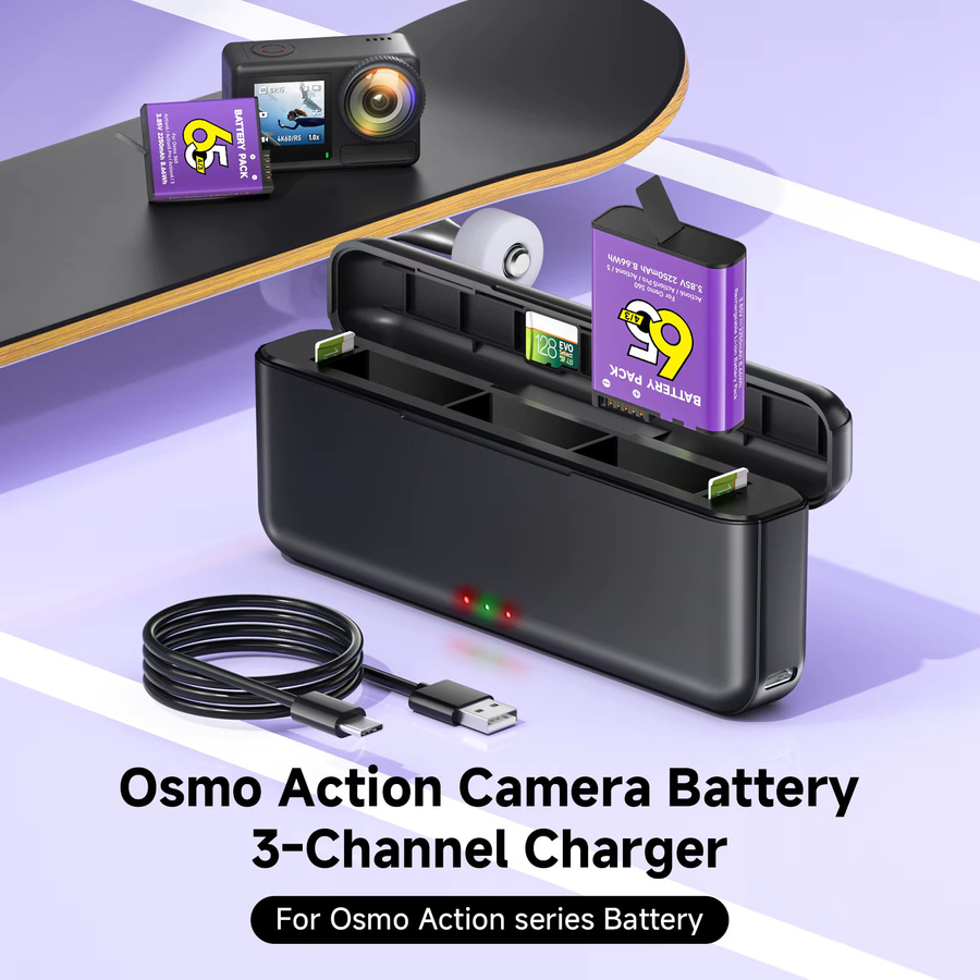 DJI Akku mit 2250mAh und 3-Slot-Schnellladegerät für Osmo Action 6, Action 5 Pro und Osmo Action 4/3 in Schwarz - Bild 2