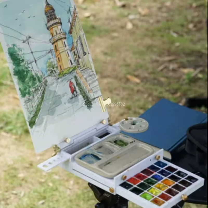 Tragbare Aquarell-Pigmentbox und Skizzen-Staffelei für Outdoor-Malerei in Weiß aus Kunststoff - Bild 3