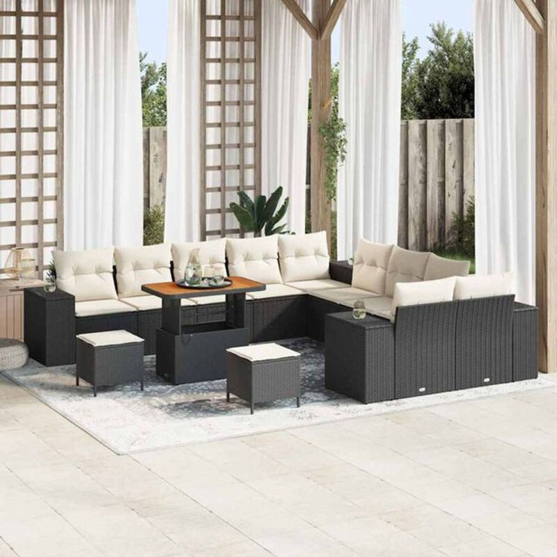Vidaxl Garten-Sofa-Set aus Polyrattan und Akazie, 13-teiliges Loungemöbel-Set in Schwarz und Creme, B/T/H: 90 x 55 x 71 cm - Bild 1