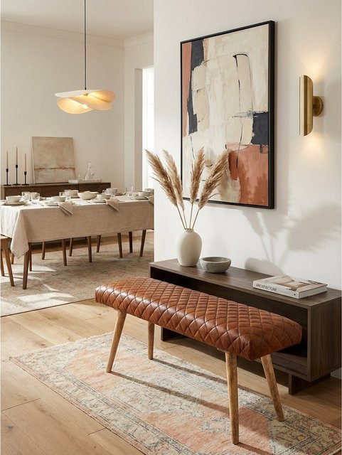 Sitzbank von KADIMA DESIGN aus Leder und Massivholz mit Rautenmuster in Braun, B/T/H: 115 x 53 x 38 cm - Bild 1
