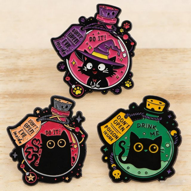Emaille-Pin-Set Schwarze Katze, Gothic, Halloween, Unisex - Bild 1