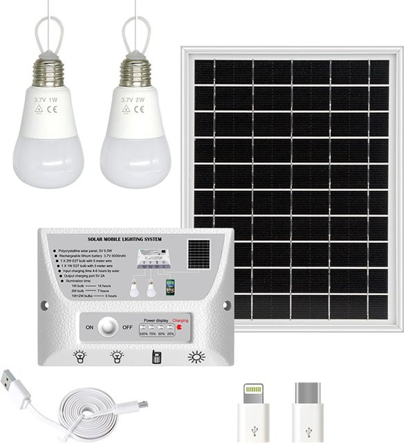 TOMTOP JMS Tragbares Solarbeleuchtungssystem mit 5,5 W Solarpanel, LED-Lampen und 5000 mAh Controller, Weiß - Bild 1