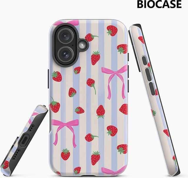 Handyhülle mit Erdbeeren und rosa Schleifen in Blau für Apple iPhone 12 bis iPhone 17 Pro Max Plus mit doppelschichtiger Rückseite - Bild 1