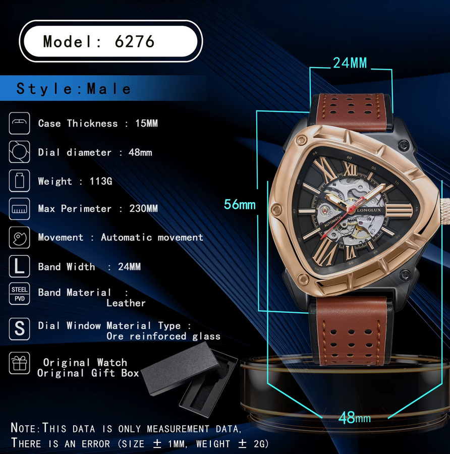 LONGLUX Automatikuhr, Edelstahl, Roségold, Leder, Schwarz, Herren - Bild 6