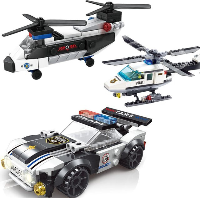 HOVFELER Stadt Polizei Auto Flugzeug Dual-Rotor Hubschrauber, Bausteine - Bild 1