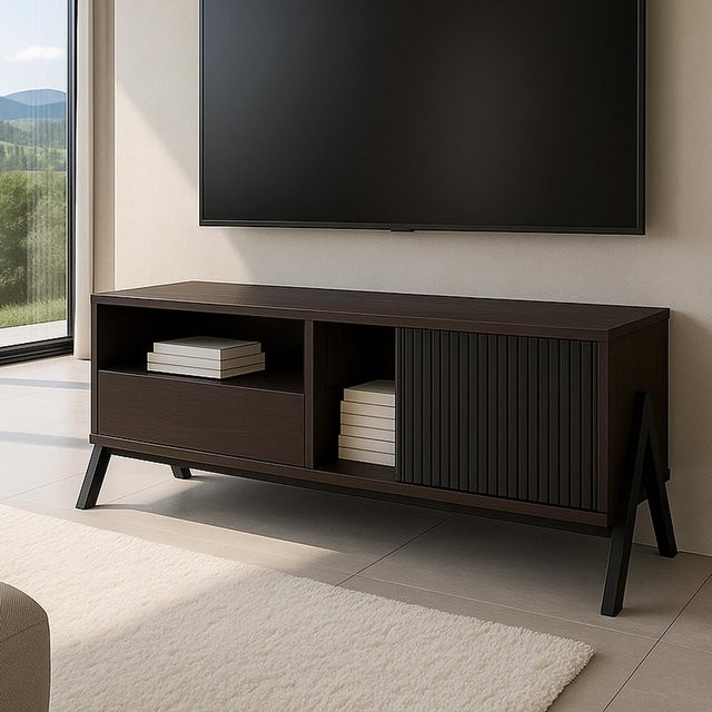 MCW TV-Rack MCW-O40 Lowboard in Walnuss-Optik mit Schiebetür und Staufächern aus MDF und Metall, H: 49 cm, B: 120 cm, T: 40 cm - Bild 3