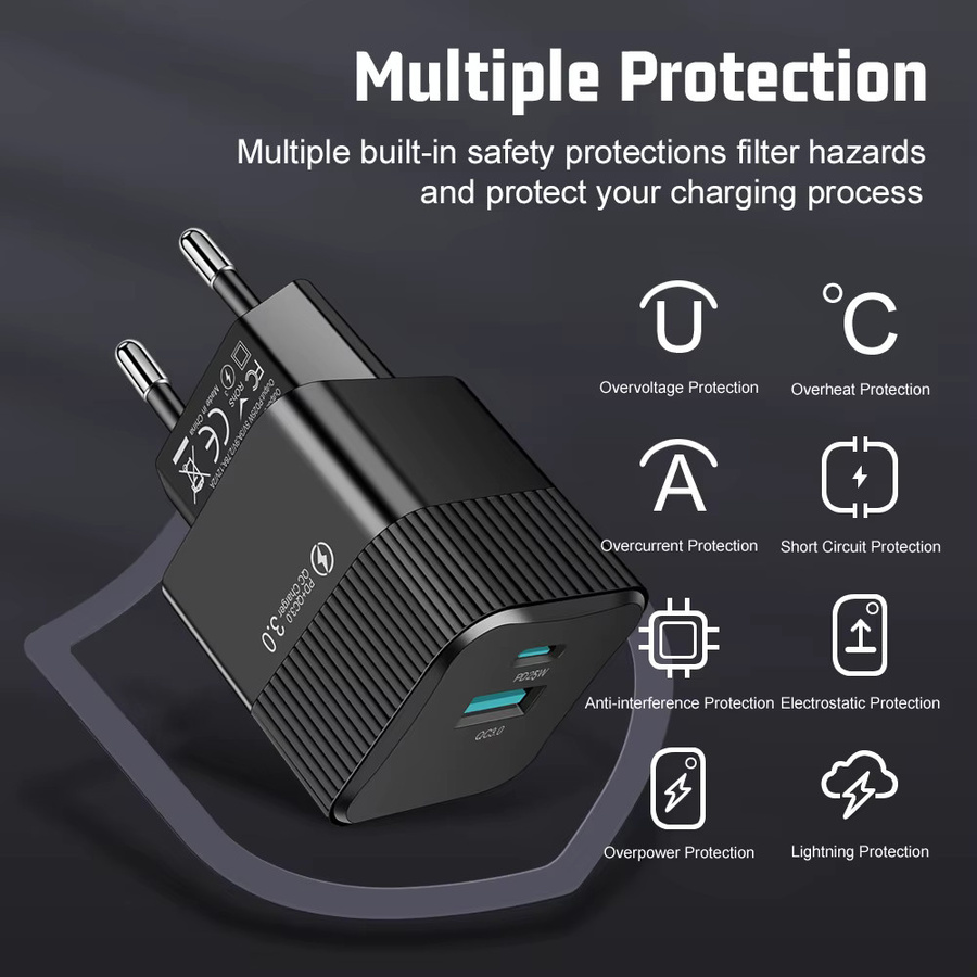 KR EU Mini-Reisestecker 2-Port PD 25W USB-C Schnellladegerät in Schwarz für iPhone 15 Pro Max und OnePlus - Bild 3