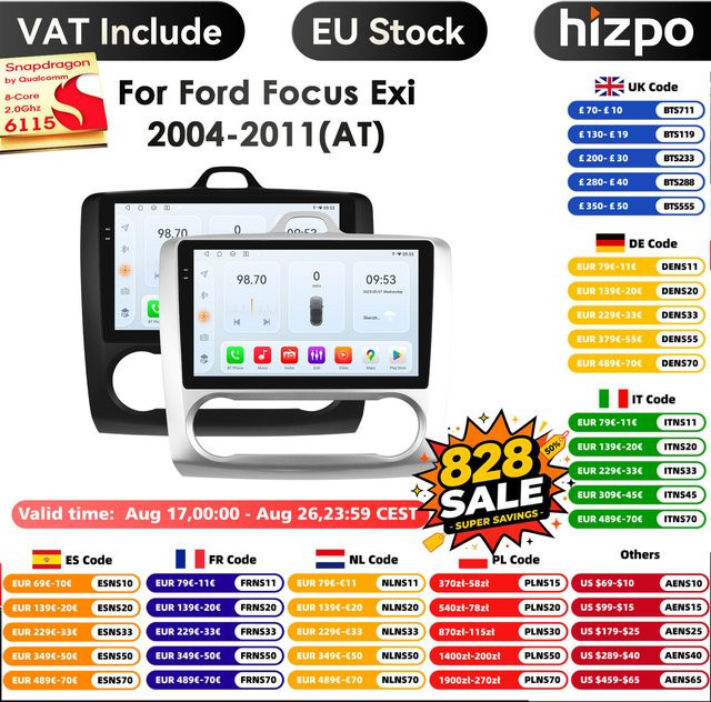 HIZPO Android 14 Autoradio für Ford Focus 2004-2011 mit 9 Zoll Display, GPS, Carplay, Android Auto und 4G Unterstützung in Schwarz - Bild 1