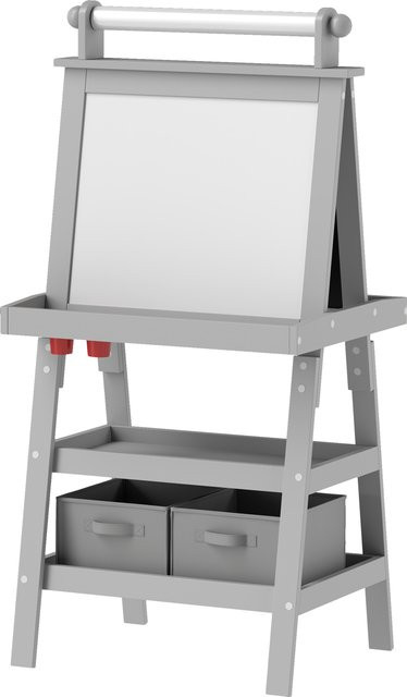 AIYAPLAY Kinderklappstaffelei 3 in 1, mit magnetischer weißer Tafel, Kreidetafel, Papierrolle, 2 Aufbewahrungskörbe, 3-6 Jahre, Grau - Bild 1