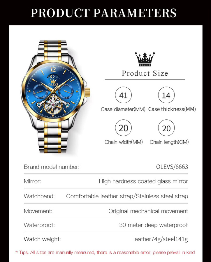 OLEVS Armbanduhr, Automatik, Skeleton, Mondphase, Edelstahl, Blau, Gold, Herren - Bild 6
