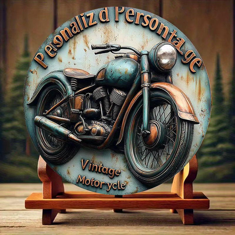 HELLOYOUNG Vintage Motorrad Wandschild aus Metall, Rundes Aluminium-Deko-Schild in Grün und Kupfer, Durchmesser: 20 cm - Bild 2