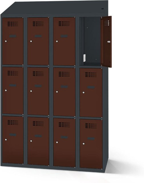 rotstahl Fächerschrank mit 12 Fächern und Ladefunktion in Mahagoni mit anthrazitgrauem Korpus, Breite: 120 cm, Höhe: 200 cm - Bild 1