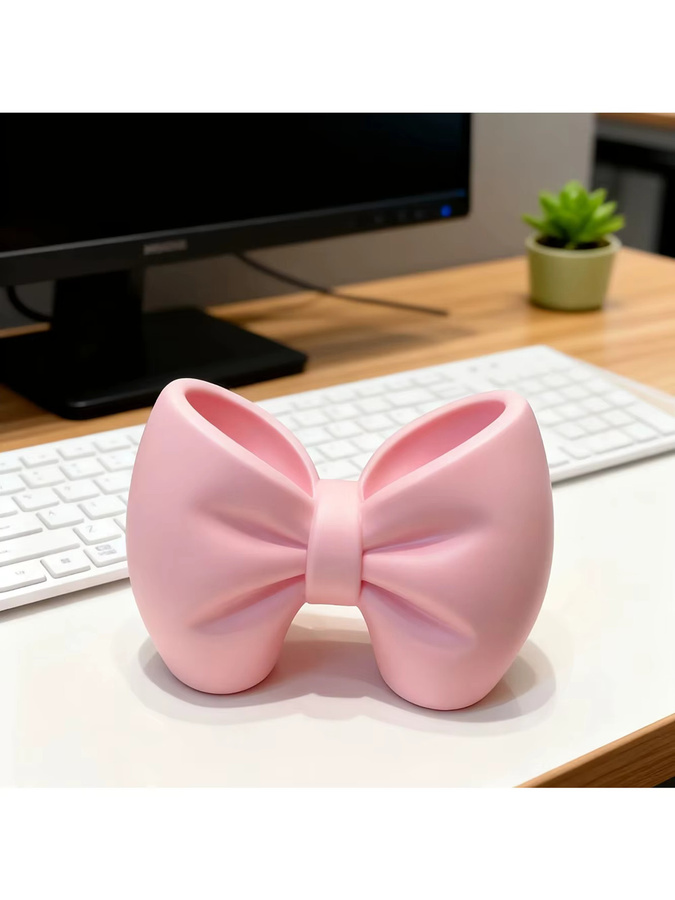 Multifunktionaler Schreibtischhalter mit Schleifenakzent in Pink als Organizer für Stifte und Zahnbürsten - Bild 4