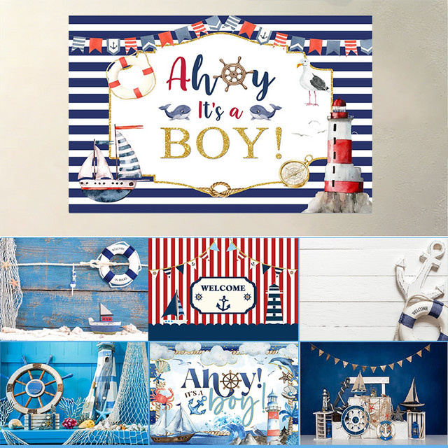 Dewprint Nautische Party-Kulisse mit maritimem Boot-Motiv und blau-gestreiftem Design für Kindergeburtstage, Hintergrund-Dekoration für Fotografie-Requisiten - Bild 1