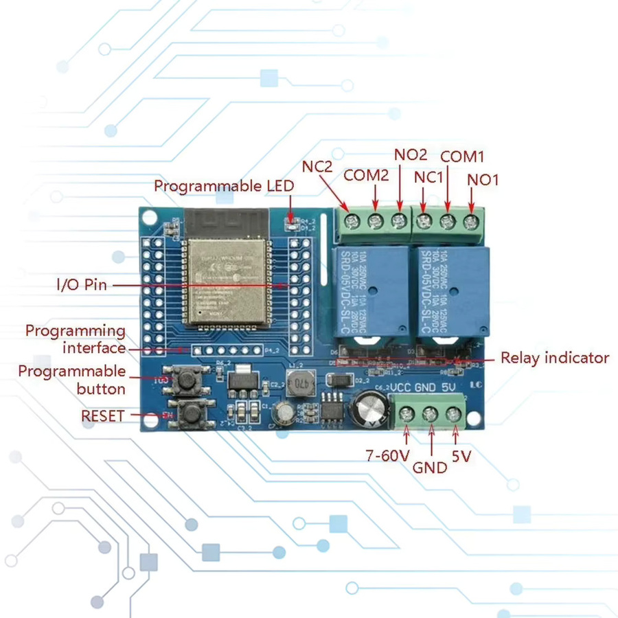 VAKIND ESP32 Relaismodul mit 1/2/8 Kanälen, DC 5-30/60V, WiFi und Bluetooth in Blau - Bild 5