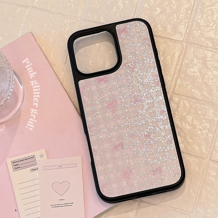 MUQGEW Handyhülle mit rosa Schleife und Gittermuster in Glitzer-Optik für iPhone 16 15 14 13 12 Pro Max, schwarzer Rahmen, Hard Cover mit Anti-Drop-Schutz - Bild 2