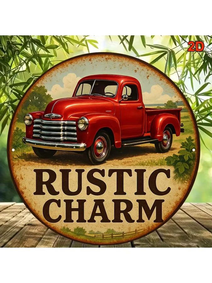 Potdemiel Rundes Aluminiumschild Vintage Red Truck in Rot, Durchmesser: 20,32 cm - Bild 4