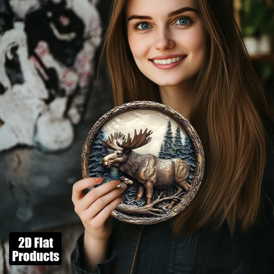 Rundes Aluminium-Metallschild Elch und Hirsch von CIFBUY in Braun, rustikale Wandkunst für dein Heim oder Büro, Durchmesser: 20,32 cm - Bild 2