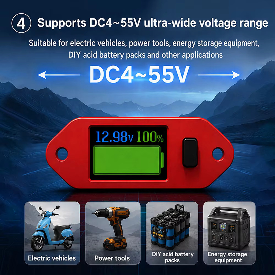 Gaqqee Programmierbares Voltmeter 0,96 Zoll in Rot für Elektrofahrzeuge und Batteriepakete (4–55 V) - Bild 4