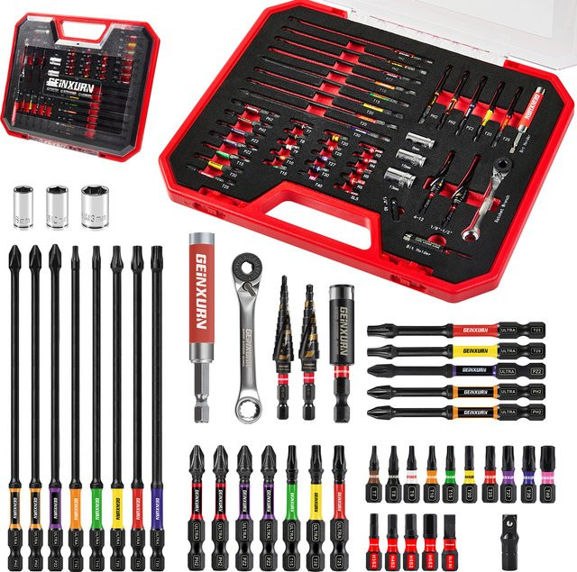 Geinxurn Werkzeugset mit Schraubendreher-Bits, Mini-Schraubenschlüssel, Steckschlüssel, Stufenbohrmaschine, Steckdosenadapter und Bithalter für Heimwerker - Bild 1