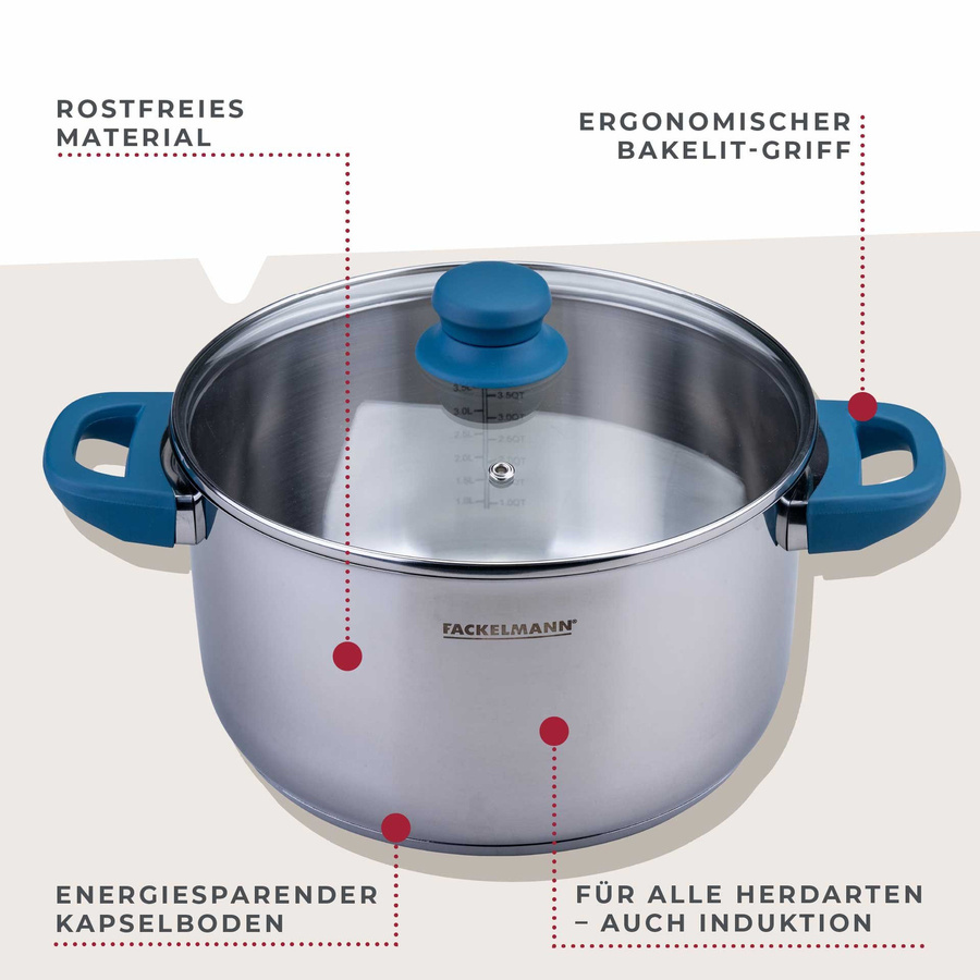 Fackelmann Kochtopf Essential mit Glasdeckel, Blau, Durchmesser: 24 cm, Volumen: 5,4 l - Bild 3