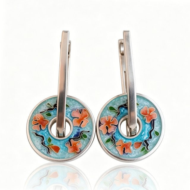 YoYo Ohrringe, Vintage, Emaille-Imitation, Blumenmuster, Silber, Damen - Bild 1